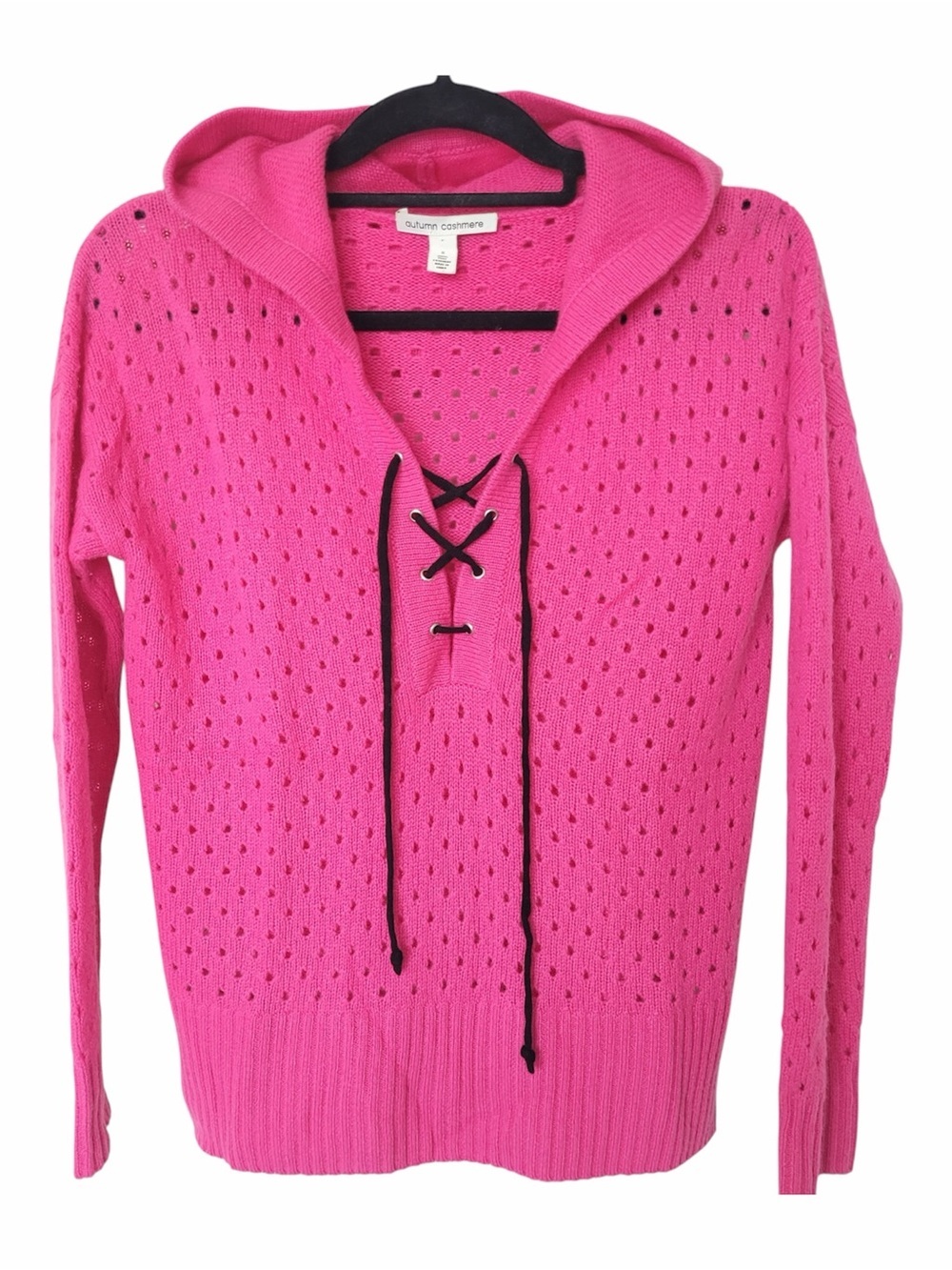 ✅ Autumn Cashmere Hot Pink Hooded Lace-Up Open-Knit Sweater 100% cashmere size S